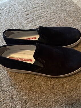 Prada Men's Navy Suede Slip-On Sneakers